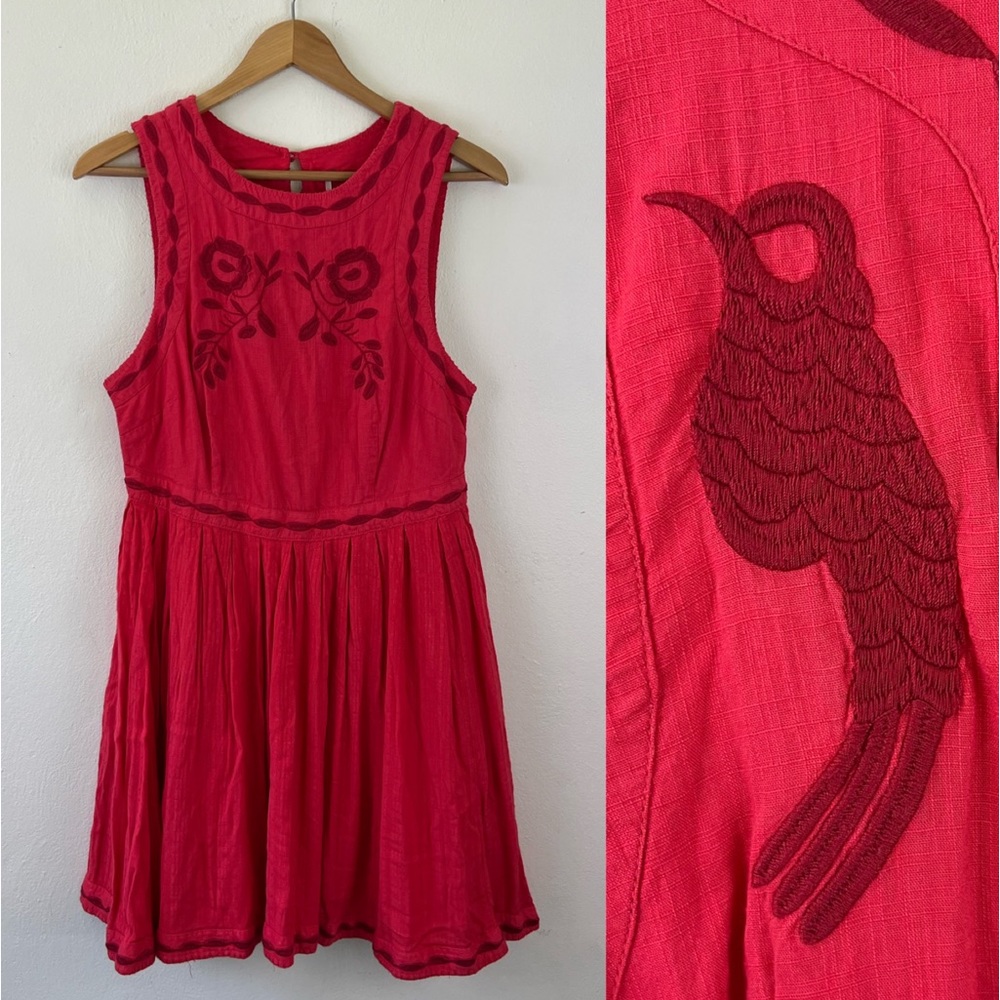 Free People Birds Of A Feather Embroidered Red and Pink Sleeveless Midi Dress